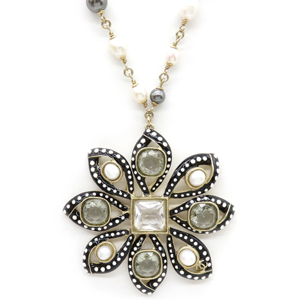 Chanel A16C  Necklace Rhinestone Gold-Plated Metal & Faux Pearl- Black, White
